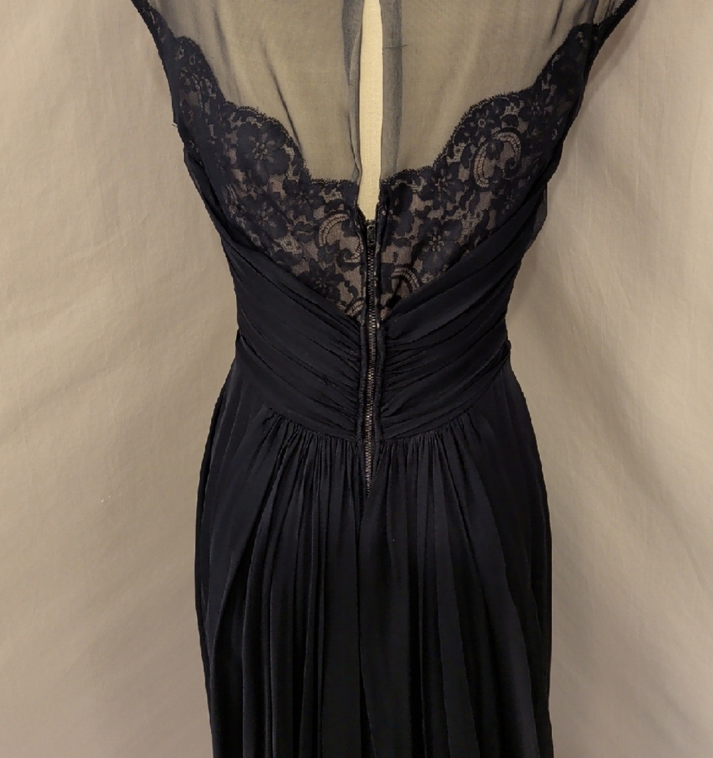 40s 50s Elegant Navy Sheer Lace Yoke Chiffon Drapef Bubble Hem Cocktail Dress - Picture 6 of 16